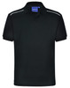 A black men's polo shirt with a collar and white accent stripes, featuring a logo.
