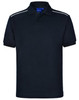 A navy blue polo shirt featuring a classic collar and white piping on the shoulders. Includes branding on the tag.