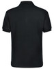 A black men's pure cotton polo shirt featuring contrast piping and a logo. Back view of the shirt displayed.