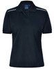 A black ladies' polo shirt with short sleeves, featuring a collar and a logo.