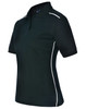 A ladies' polo shirt in black with white contrast piping and a classic collar. It features short sleeves and a logo.