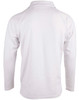 A white long sleeve cricket polo shirt with a classic collar and a logo on the back.