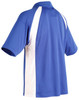 A blue men's polo shirt with white side panels and a collar, featuring a logo on the chest area.