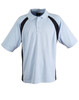 A light blue and black men's polo shirt featuring a collar and short sleeves, with a logo on the chest.