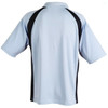 A men's polo shirt in light blue with black side panels and a collar, featuring a logo on the back.