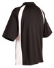 A black and white men's polo shirt featuring a sporty design and a logo on the front.