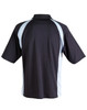 A black and light blue men's polo shirt featuring short sleeves and a collar, with a logo on it.