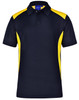 A navy and yellow Men's Winner Polo with a collar and short sleeves, featuring a logo.