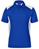 A blue polo shirt featuring white side accents and a collar, with a logo on the chest area.