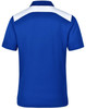 A blue polo shirt with white detailing on the shoulders and a logo on the back.