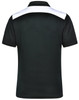 A black polo shirt with a white collar and shoulder detailing. It features a logo on the back.