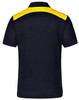 A navy polo shirt featuring a yellow collar and shoulder detailing, with a logo on the back.