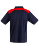 A navy and red men's polo shirt featuring a classic collar and a logo on the back.