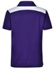 A purple polo shirt featuring a white stripe on the back and a logo on the side.