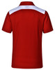 A red men's polo shirt with white accents on the shoulder and a logo on the back.