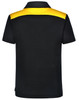 A children's polo shirt featuring a black body with a yellow upper back, including a logo on the front.