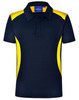 A navy polo shirt with yellow side panels and a collar, featuring a logo on the upper part.
