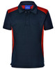 Children's polo shirt in navy with red accents and a logo on the chest. Short sleeves and a collar design.