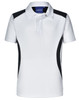 A white children's polo shirt with black side panels and a collar, featuring a logo on the upper section.