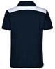 A navy blue children's polo shirt with a white shoulder panel and a logo on the back.