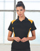 A black polo shirt with yellow accents, featuring a collar and short sleeves, has a logo on the chest area.