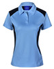 A light blue ladies' polo shirt with black side panels and a collar. It features a branded logo on the neckline.
