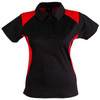 A black polo shirt with red accents, featuring a collar and short sleeves. It includes a logo on the chest.