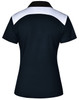 A black and white ladies' polo shirt with a contrasting collar and back design, featuring a logo.