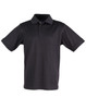A black men's polo shirt featuring a collar, short sleeves, and a button placket. It has a logo on it.