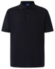 A navy blue men's polo shirt with a collar and short sleeves, featuring a logo.