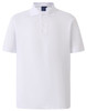 A white men's polo shirt featuring a collar and short sleeves, with a brand logo on the neckline.