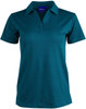 A teal short sleeve polo shirt with a collar and three button placket, featuring a branding logo.