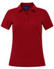 A red women's short sleeve polo shirt with a collar, featuring buttons and a logo.