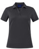 A grey short sleeve polo with a collar and three buttons, featuring a logo on the front.