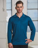A long sleeve polo shirt in a rich teal colour, featuring a collar and a logo.