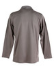 A grey long sleeve polo shirt with a collar, featuring a logo on the back.