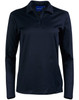A dark navy long sleeve polo shirt with a collar and three buttons, featuring a logo on the front.