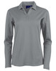 A long sleeve polo shirt in grey, featuring a collar and three buttons, with branding on the neckline.