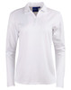 A white long sleeve polo shirt with a collar and buttons, featuring a logo on the front.