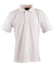 A white short-sleeved polo shirt with a collar and a small logo on the chest.