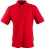A bright red men's polo shirt featuring a collar, short sleeves, and a logo on the chest.