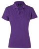 A purple ladies' polo shirt with a collared neckline and short sleeves, featuring a logo on the front.