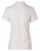 A women's white polo shirt featuring a collar and short sleeves. The shirt has a logo on the back.