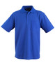A blue short sleeve polo shirt with a pocket and a logo on the chest area.