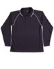 A black long-sleeve polo shirt with raglan sleeves and white piping detail. It features a collar and buttons.