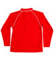 A red long-sleeve polo shirt with a raglan design and contrasting piping. It features a collar and has a logo.