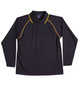 A black long sleeve polo shirt with yellow accents and a logo on the chest.