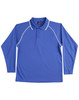 A long-sleeve polo shirt in blue with contrasting white piping and a buttoned collar. It features a logo.