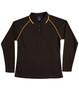 A black long-sleeve polo shirt with yellow piping and a collar, featuring a logo.