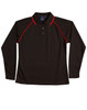 A black long-sleeve polo shirt with red piping and a collar. It features a logo on the front.